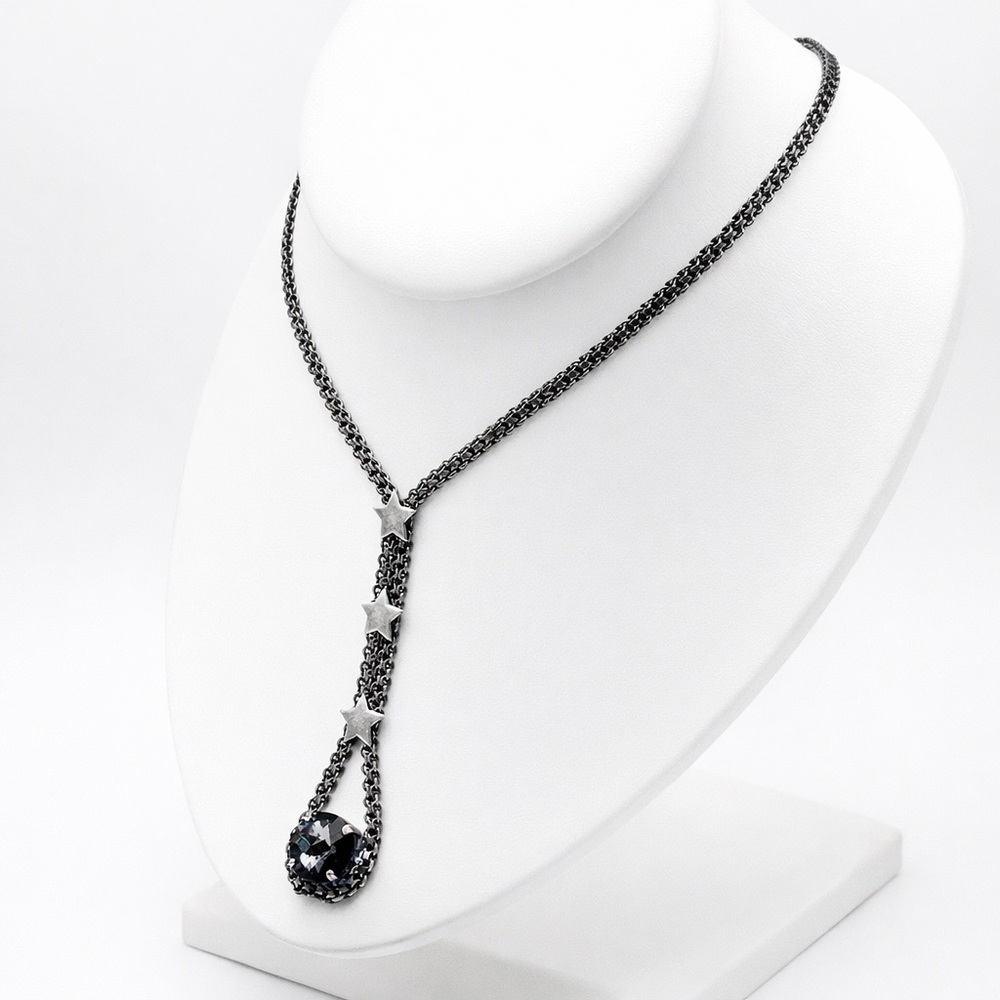 Handmade Swarovski Crystal Star Drop Necklace Gunmetal 20” Statement Pendant - Picture 2 of 4